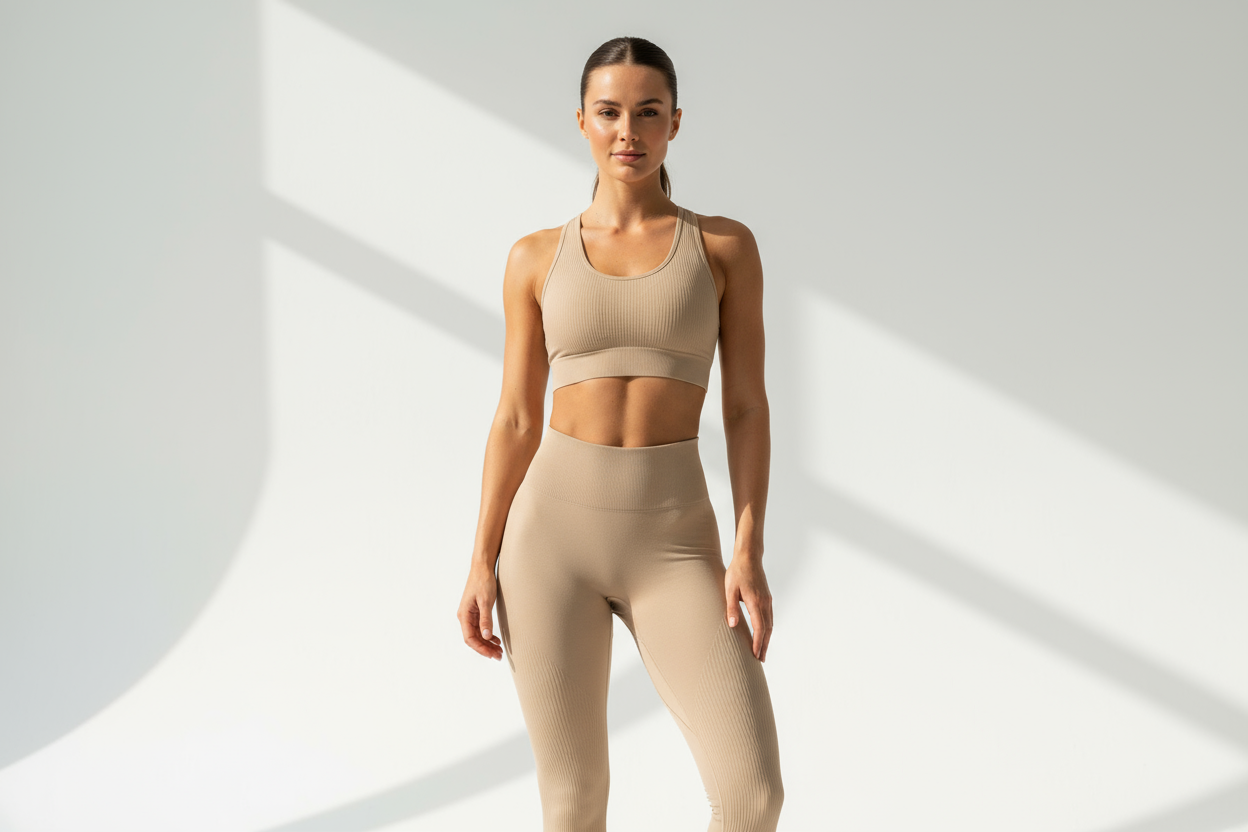Studio photo of a fit woman wearing high-waisted seamless leggings in beige or sand color, minimalist white background, soft daylight, Scandinavian premium look, inspired by Strongerlabel product photos. Focus on texture and fit, fashion-ecommerce style.